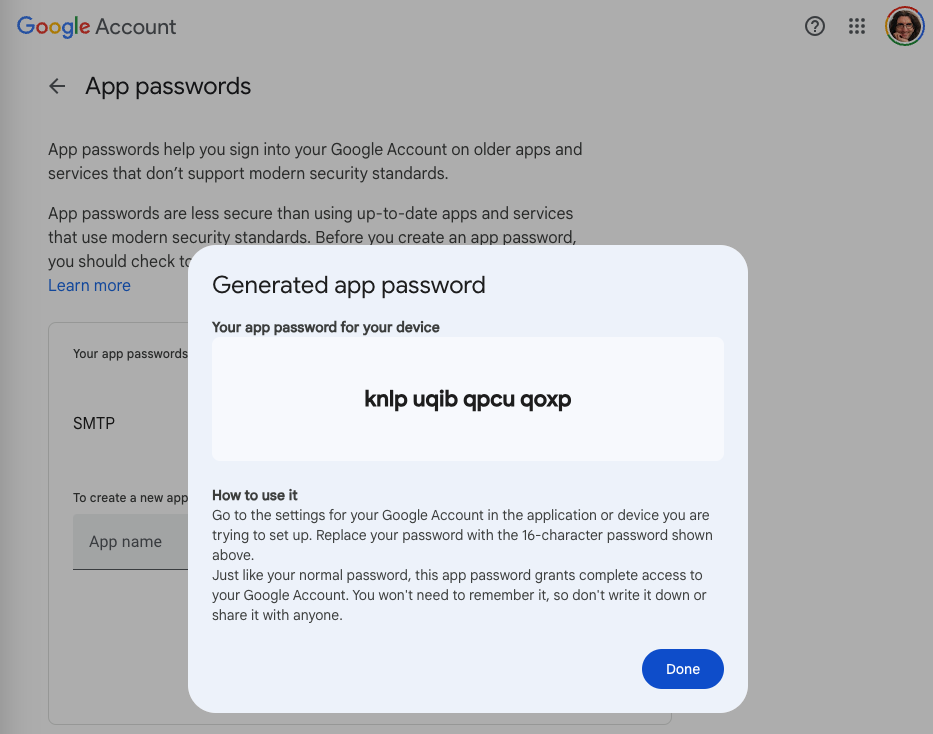 Gmail SMTP app password show
