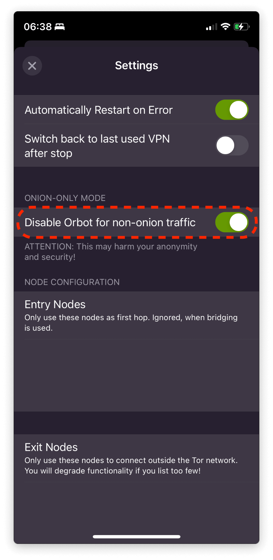iOS Orbot -> Settings -> Onion-Only Mode