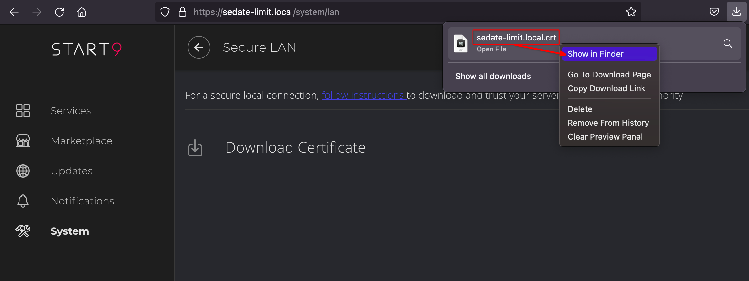 Show certificate file in Downloads folder